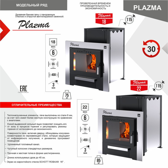 Печь-каменка PLAZMA 22 (Плазма) с панорамным стеклом